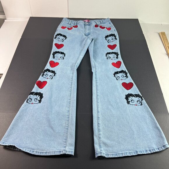 Dolls Kill X Betty Boop Jeans Women 31x32* Flare Mid Rise Light Blue Denim Tag L - Picture 1 of 16